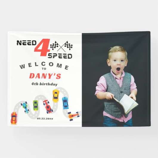 必要4スピードモーターカーレーシングボーイフォー誕生日 横断幕 (横)