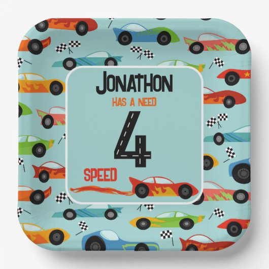 必要4速レーサー4番目の誕生日パーティー ペーパープレート (正面)