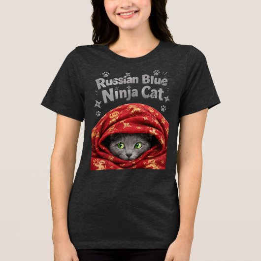 忍び寄るジャガイモ猫 ロシアンブルーの忍者猫 トライブレンドTシャツ (正面)