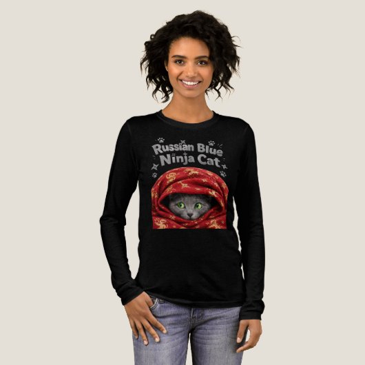 忍び寄るジャガイモ猫 ロシアンブルーの忍者猫 トライブレンドTシャツ (正面全体)