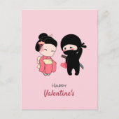 忍者と芸者がピンクのバレンタインを喜ぶ シーズンポストカード (正面)