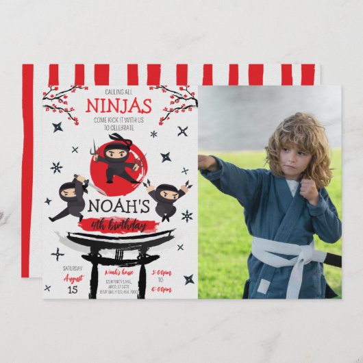 忍者ウォリアー武術アーツ誕生日写真 招待状 (正面/裏面)