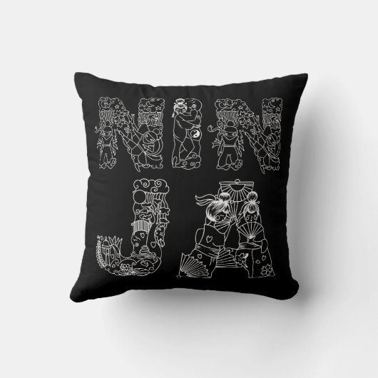 忍者エレガントホワイト文字オンブラック クッション (裏面)