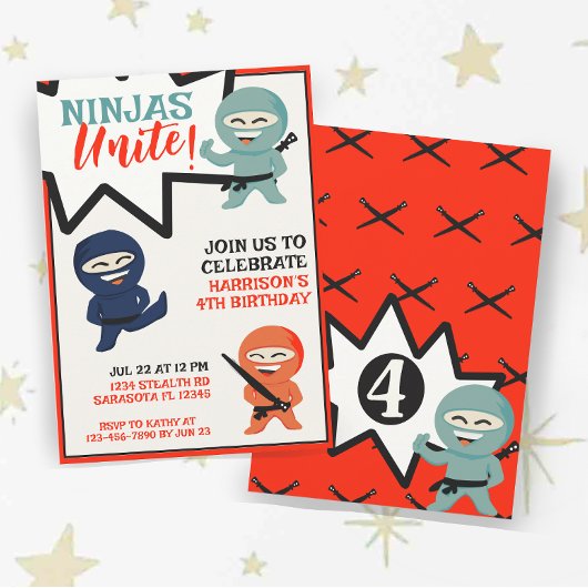 忍者カラフル空手誕生日 招待状