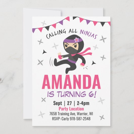 忍者ガール誕生日招待状かわいいピンク空手 招待状 (正面)
