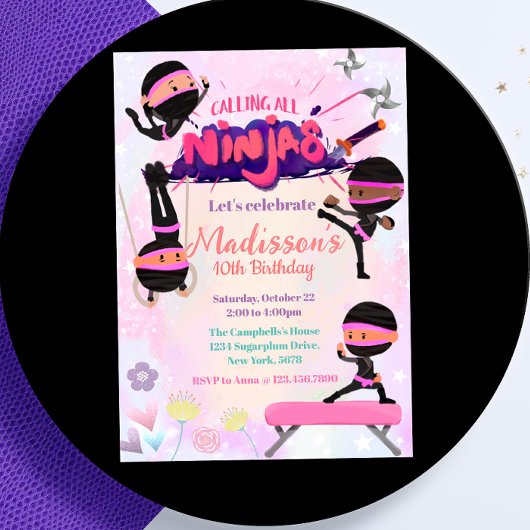 忍者ガール誕生日武術アート 招待状