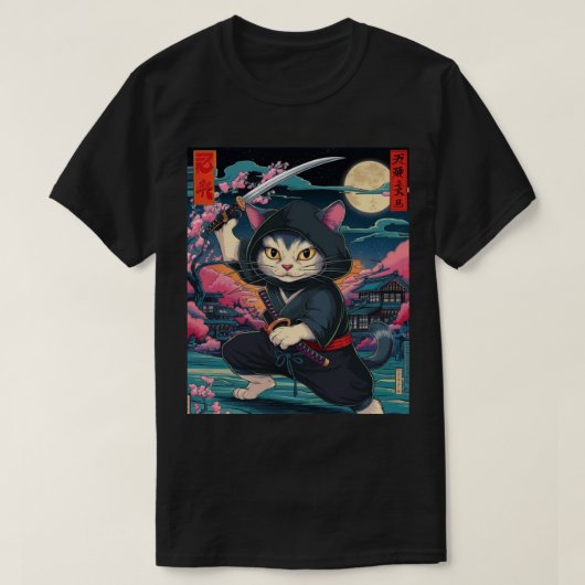 忍者キャットカターナソード日本の武術アート Tシャツ (デザイン正面)