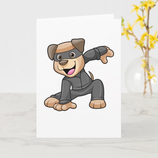 忍者コスプレの犬 カード (黄色い花)