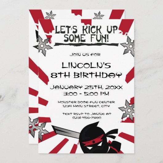 忍者サムライウォリアー子供の誕生日パーティー招待状 招待状 (正面/裏面)