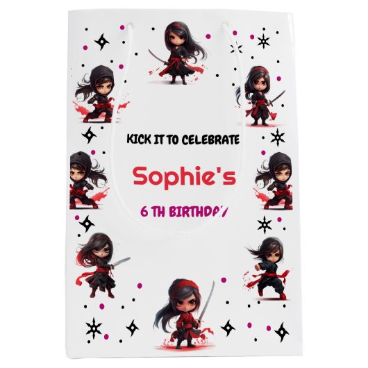 忍者スタイル子供のガーリー誕生日 ミディアムペーパーバッグ (正面)