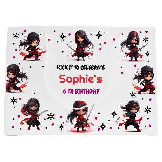 忍者スタイル子供のガーリー誕生日 ラージペーパーバッグ (正面)