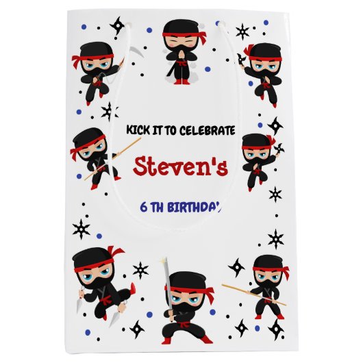 忍者スタイル子供の誕生日 ミディアムペーパーバッグ (正面)