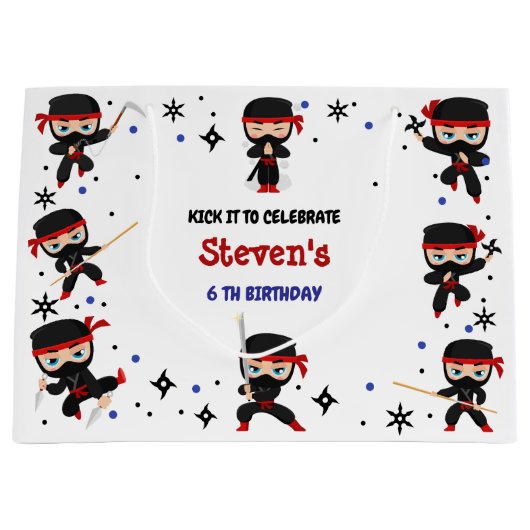 忍者スタイル子供の誕生日 ラージペーパーバッグ (正面)