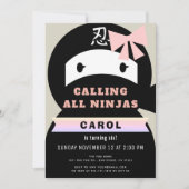 忍者ピンクとブラックの女の子の誕生日 招待状 (正面)