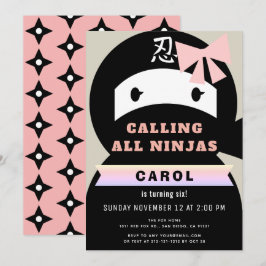 忍者ピンクとブラックの女の子の誕生日 招待状