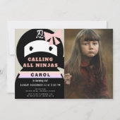忍者ピンク&ブラックガールフォト誕生日 招待状 (正面)