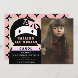 忍者ピンク&ブラックガールフォト誕生日 招待状
