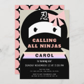 忍者ピンク&ブラックガール誕生日 招待状 (正面/裏面)