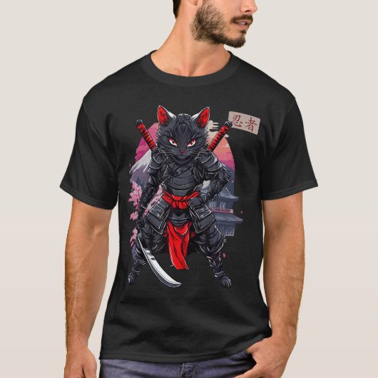 忍者子猫 日本のサムライ猫 かわいい忍者 Tシャツ (正面)