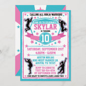 忍者戦士ガールズピンクティール（緑がかった色）誕生日パーティー 招待状 (正面/裏面)