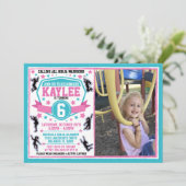 忍者戦士ガールズピンクティール(緑がかった色)誕生日写真 招待状 (スタンド正面)