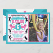 忍者戦士ガールズピンクティール(緑がかった色)誕生日写真 招待状 (正面/裏面)