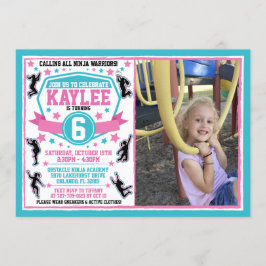 忍者戦士ガールズピンクティール(緑がかった色)誕生日写真 招待状