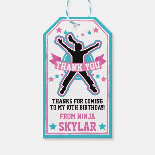 忍者戦士ガールズピンク&ティール(緑がかった色)バースデーパーティー ギフトタグ (正面)
