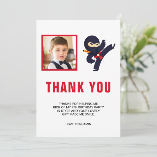忍者戦士キッズの写真誕生日パーティー サンキューカード (スタンド正面)