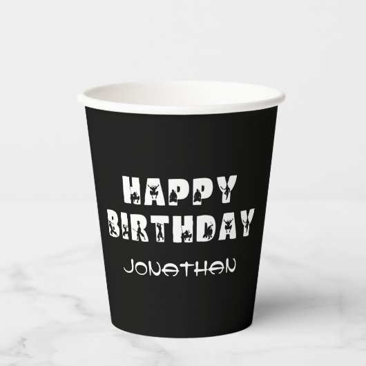 忍者戦士キッズブラックアンドホワイトバースデーパーティー 紙コップ (正面)