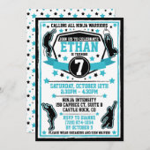 忍者戦士ボーイバースデーパーティーブラック&ティール（緑がかった色） 招待状 (正面/裏面)