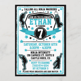 忍者戦士ボーイバースデーパーティーブラック&ティール（緑がかった色） 招待状