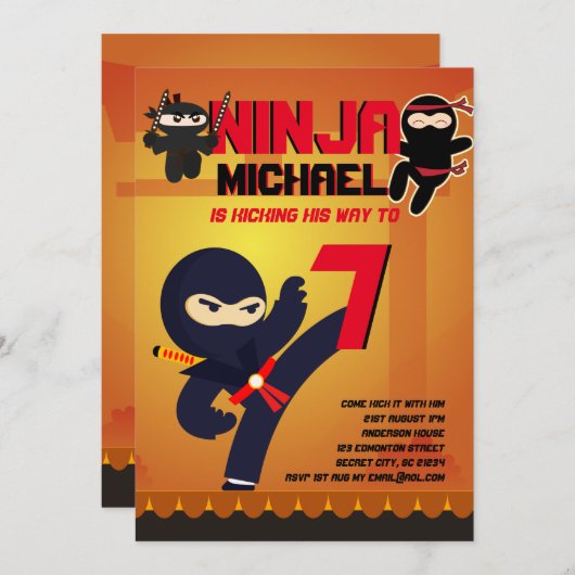 忍者映画スター戦士ボーイズ女の子マンガパーティー 招待状 (正面/裏面)