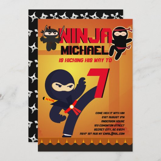 忍者映画スター戦士ボーイズ女の子マンガパーティー 招待状 (正面/裏面)