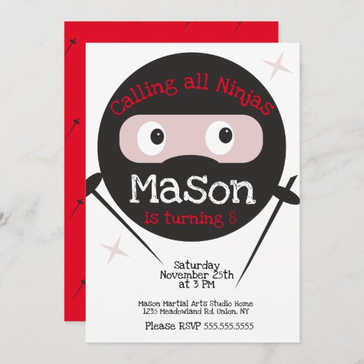 忍者武術アーツ空手ボーイズ誕生日Any Age In 招待状 (正面/裏面)