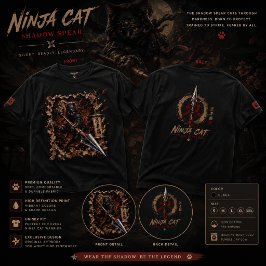 忍者猫のシャドースピアTシャツ - 3Dポップアップウォリアー Tシャツ
