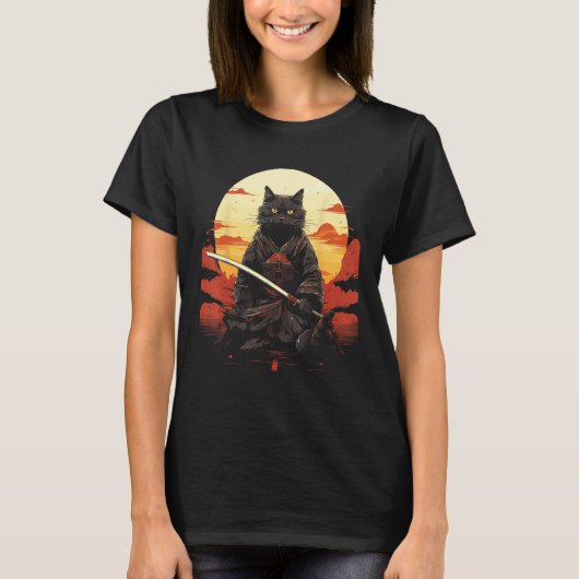 忍者猫サムライ剣鳴き声戦士 Tシャツ (正面)
