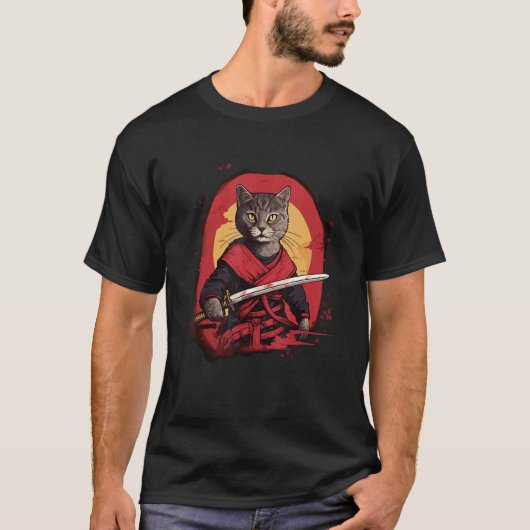 忍者猫 ステルス ネコ 忍者子猫 サムライ Tシャツ (正面)