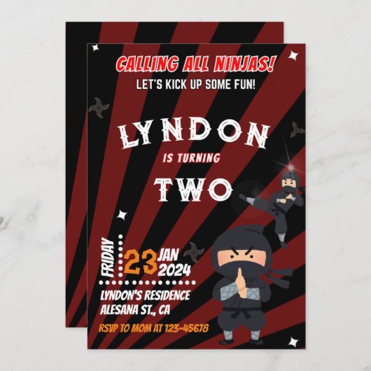 忍者誕生日パーティーへの招待 招待状 (正面/裏面)