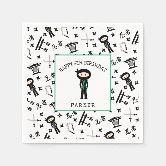 忍者誕生日パーティーデコール、グリーンベルト/サッシ スタンダードカクテルナプキン (正面)