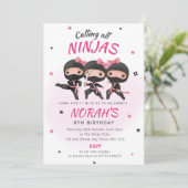忍者誕生日招待状ピンクガールズカラテパーティー 招待状 (スタンド正面)