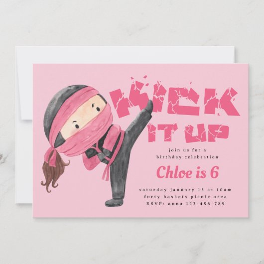 忍者誕生日、空手武術アーツ、キック 招待状 (正面)