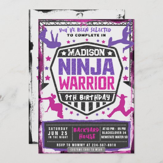 忍者運動戦士ピンクパープルバースデーパーティー 招待状 (正面/裏面)