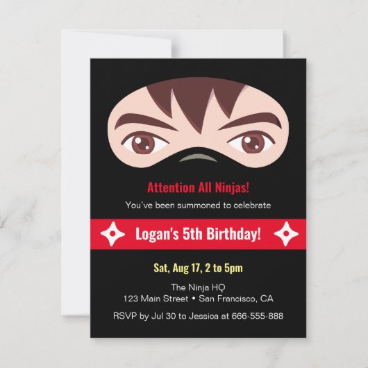 忍者顔及びマスク子供の誕生日パーティー 招待状 (正面)