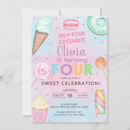 忘れられない女の子の4歳の誕生日招待状。 招待状 (正面)