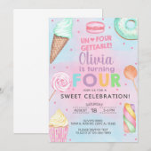 忘れられない女の子の4歳の誕生日招待状。 招待状 (正面/裏面)