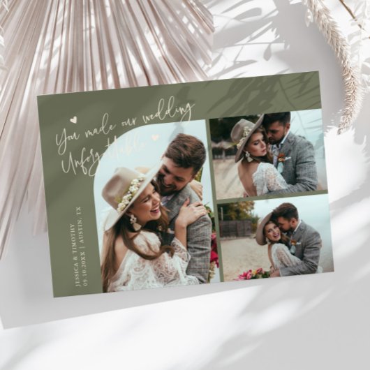 忘れられない結婚式のセージグリーンマルチフォトカード サンキューカード