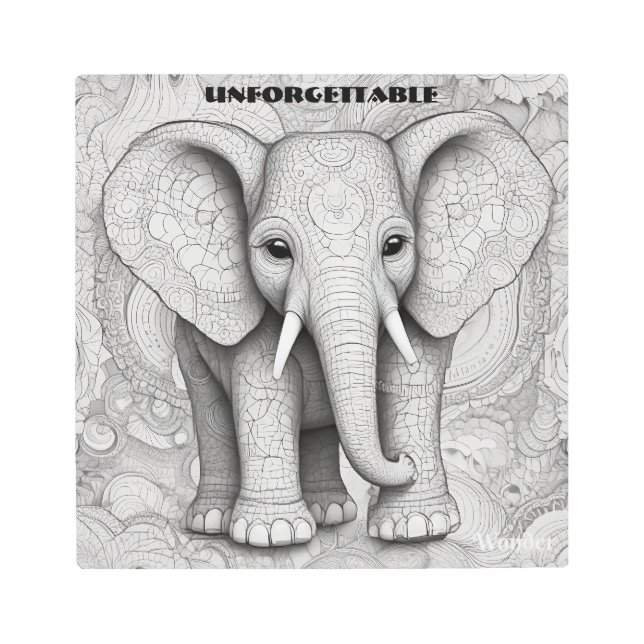 忘れられない黒白の詳細な象 メタルプリント (正面)