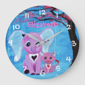 忘れMoNot可愛い象猫さくらんぼの花咲き ラージ壁時計 (正面)