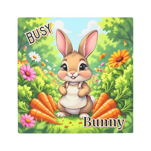 忙しいウサギ | かわいいアニメの子供部屋アート メタルプリント (正面)